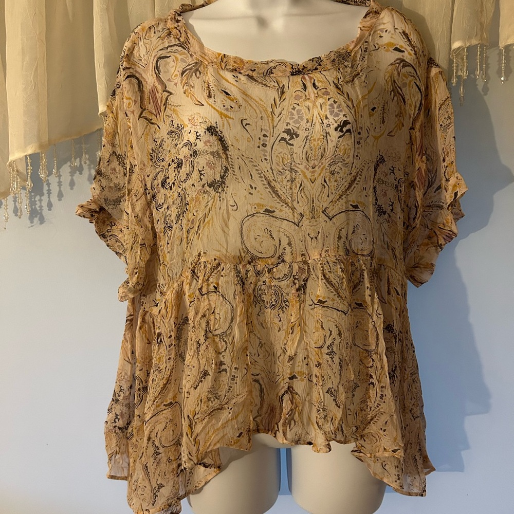 Free People Cream and Brown Flutter Sleeve Blouse